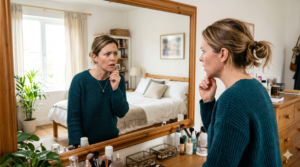 Mujer mirándose a la espejo con cara de preocupación. Percepción propia